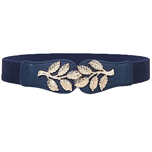 Women's Vintage Wide Elastic Stretch Adjustable Waist Belts with Metal Leaves Retro Cinch Belt Navy Blue One Size
