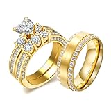 loversring 3pc His and Hers Couple Ring Bridal Set His Hers Women White Gold Plated Heart Cz Man Titanium Wedding Ring Band Set