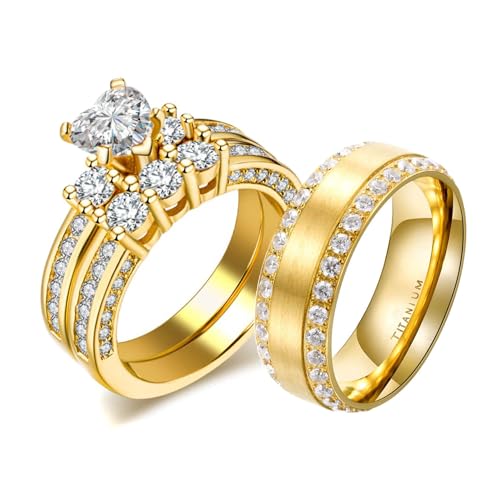 LOVERSRING 3pc His and Hers Couple Ring Bridal Set His Hers Women White Gold Plated Heart Cz Man Titanium Wedding Ring Band Set