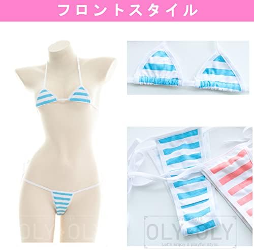 OLYOLY【4点セット】 過激 しましまパンツ 極小 ビキニ 縞パン マイクロビキニ タンキニ ボーダー ショーツ レディース 大きいサイズ Tバック ニーハイ (01 青) 詳細画像3