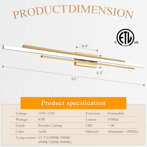 Image of 55 inch Long Vanity Light Gold Bathroom Wall Light Fixtures Long Vanity Lights Over Mirror Lighting Lamps Dimmable Bathroom Wall Mount Lighting Over Vanity Mirror