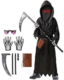 Oskiner Grim Reaper Costume for Kids, Scary Halloween Costume for Boys with Glowing Red Eyes/Scythe/Notebook/Gloves (S)