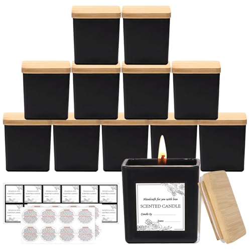 CONNOO 12 Pack 9 OZ Matte Black Square Candle Jars for Making Candles, Thick Glass Bulk Empty Candle Containers with Airtight Bamboo Lids for Candle Making, Sticky Warning Labels - Dishwasher Safe by CONNOO - Used condition - US$26.86