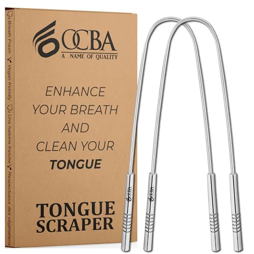 OCBA Raspador de lengua para salud bucal, limpiador de lengua plateado natural, a prueba de óxido, uso después de cepillo de dientes para aliento fresco, acero inoxidable (1 paquete) (2 unidades)