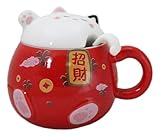 Ebros Gift Whimsical Talisman Fortune Lucky Beckoning Cat Japanese Maneki Neko Kitten Ceramic Mug Cup With Lid And Spoon 15 Oz (Red)