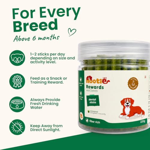 Image of Nootie Active Dental Sticks for Dogs 220g | Triple Action | Seaweed & Chlorophyll Formula | Reduces Tartar, Freshens Breath | Sensitive Stomach | All Breeds & Puppies