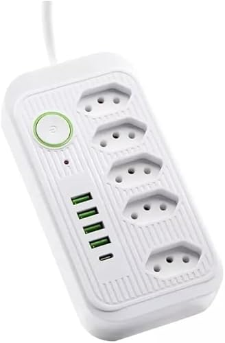 Filtro de Linha Extensão Tomada Régua de Energia 5 Tomadas 4 Interfaces USB 1 Porta USB Tipo C Cabo