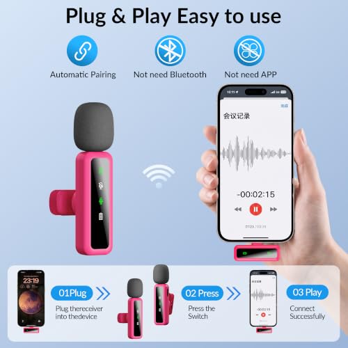 Image of Wireless Lavalier Microphone for iPhone - iPad, Android Phone Computer, Mini Microphone for Live Streaming, Video Recording, Outdoor or Indoor Interviews, YouTube, TikTok, Vlog (Rose red)