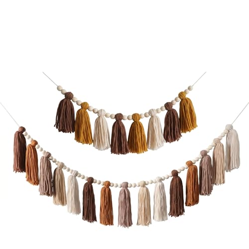 2 PCS Brown Boho Tassel Garland with Wood Beads, 63" & 59" Macrame Wall Hanging Fringe Banners for Bedroom, Classroom, Neutral Earth Tone Decor