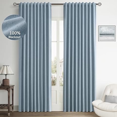 Hokibero Linen Blackout Curtains for Bedroom Back Tab Neutral Farmhouse Living Room Darkening Curtains Track System Thermal Insulated Black Out Drapes 2 Panels Set 52W x 84L, Blue Cover