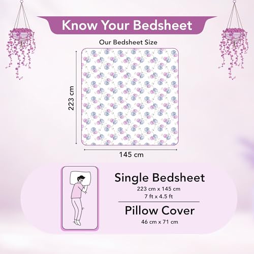 Image of Divine Casa 100% Cotton 144 TC Single Bedsheet with 1 Pillow Cover | Soft Comfortable Bed Sheet for Single Bed | Breathable Printed Bedding Set | 145 x 223 cm (Blue Pink, Floral)