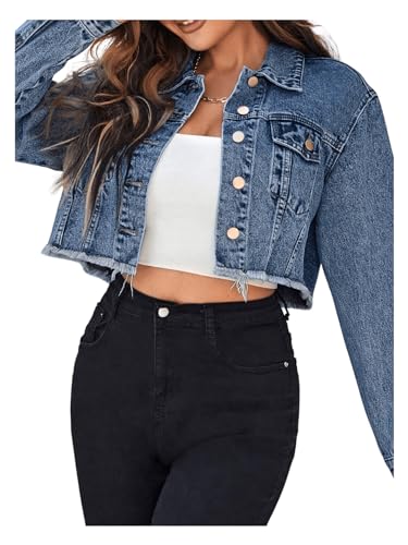 MakeMeChic Women's Cropped Jean Jacket Casual Long Sleeve Ripped Frayed Hem Denim Jacket3