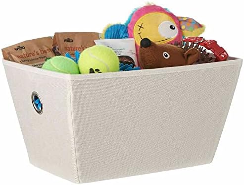 wilko Cream Woven Storage Basket, Faux Line Woven Fabric Small Storage Box with Loading Capacity Upto 2Kg, 36 x 25 x 19cm with Carry Holes