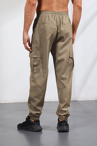 Mens Cargo Pants Casual Lightweight Elastic Waist Drawstring Tapered Pant with Pockets3