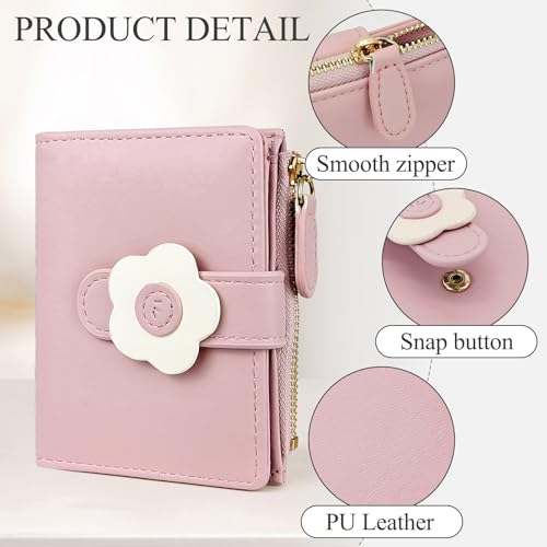 Small Wallets for Woman, Flowers Print Cute Wallet Fashion Bifold Leather Wallet with ID Window and Zipper Pocket (Pink)3