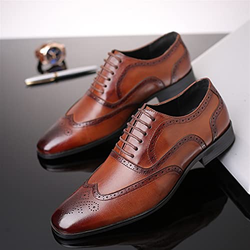 Dress Oxford for Men Lace Up Brogue Embossed Wing tip Burnished Toe PU Leather Rubber Sole Resistant Non Slip Block Heel Business(Brown,10 M US)2