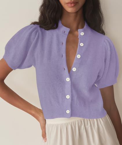 Image of Womens Puff Short Sleeve Cardigan Sweaters Cropped Button up Lightweight Y2k Knit Summer Cardigans