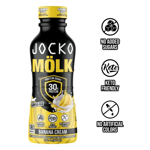 Jocko Mölk Banana Cream Protein Shakes – Naturally Flavored Protein Drinks, Keto Friendly, No Added Sugar, 30G Grass Fed Protein - Protein Shakes Ready To Drink, 12 Fl Oz, 12Pk #TOP3