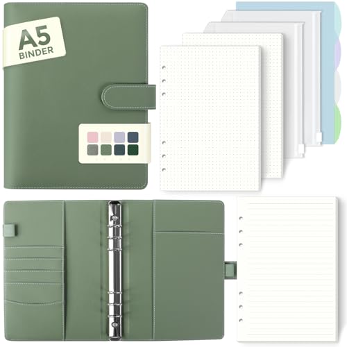 SKYDUE A5 Ringbuch Ringbuch A5 Nachfüllbar 135 Blätter Nachfüllpapier Notizbuch Mit Bindertaschen a5 Binder Für Schulnotizen Und Reisetagebücher (Olivgrün)