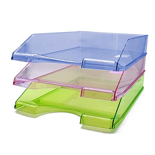 Tradineur - Pack de 3 bandejas de Oficina translúcidas - Fabricado en plástico - para oficinas, Trabajo, Estudio, habitación, hogar y documentación. - Color Surtido