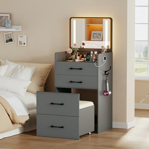 Lvifur 3 in 1 Vanity Desk with Flip Top Mirror and Lights,Glass Top Compact Vanity with 3 Drawers & Rolling Stool,Modern Small Makeup Vanity Table w/Charging Station,Grey