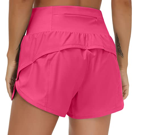 The Gym People Womens High Waisted Running Shorts Quick Dry Athletic Workout Shorts With Mesh Liner Zipper Pockets (Bright Pink, Medium) #TOP2
