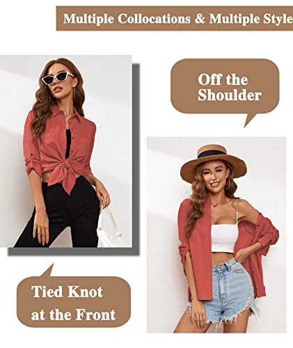 Deer Lady Womens Button Down Shirts Roll Up Long Sleeve Casual Blouse Shirts Tops Brick Red XL