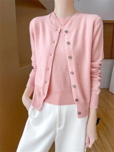 Womens 100% Merino Wool Twin Set Long Sleeve Crewneck Cardigan Sweater and Short Sleeve Pullover4