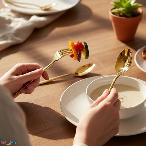 Image of Mirror Polished Gold 20 Pcs Stainless Steel Cutlery Set for Dining Table, Dishwasher Safe Glossy Flatware (5 Spoon Set + 5 Forks Set + 5 Butter Knife + 5 Dessert Spoon)