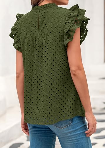 BTFBM Casual Summer Tops for Women 2026 Short Ruffle Sleeves Shirts Crew Neck Hollow Out Lace Embroidered Blouses(Army Green,X-Large) — view 3