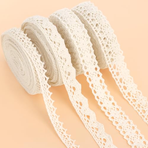 20 Meter Vintage Spitzenband auf Rolle - 4 Stück à 5 Meter - Vintage Spitzenband Dekoratives Dekoband für Nähen, Handwerk, Hochzeitdekoration & Geschenkverpackung