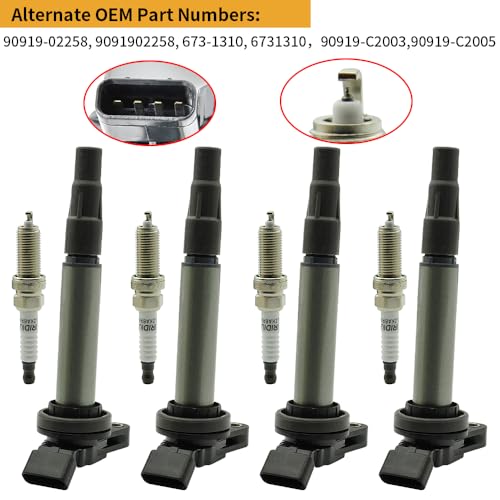 Image of Set of 4 UF596 Ignition Coil Pack & Spark Plugs Compatible with Toyota Corolla 2017 2016-2009 1.8L 2.4L, Toyota Prius Matrix 2014-2009, Lexus CT200h /Scion xD # 90919-02258 90919-02252 90919-C2003