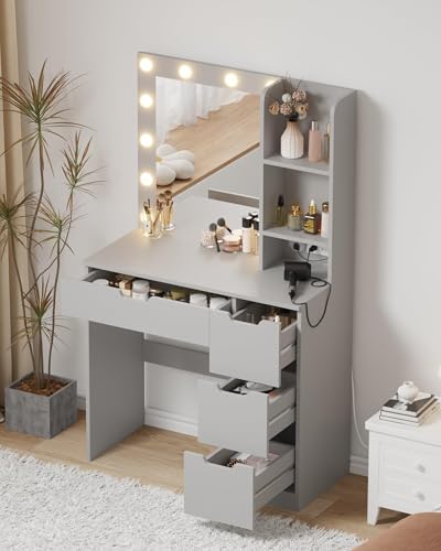 MOUNCHAIN Vanity Desk with LED Lighted Mirror & Power Outlet with 3 Color Modes & Adjustable...