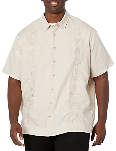 Cubavera Men\'s Four-Pocket Mini Pintuck Embroidered Authentic Guayabera Shirt, Short Sleeve Button Down, Natural Linen, Small
