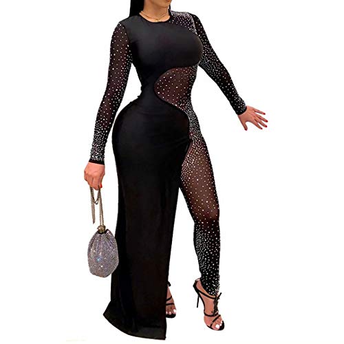 Iymoo Women's Sexy Rhinestones Mesh Patchwork Long Sleeve Dressy Jumpsuits See Through Rhinestone Jumper Clubwear Black M #TOP16