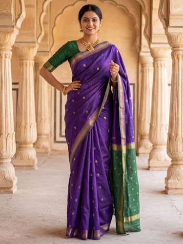 Image of AKHILAM Women's Pure Soft Spun Cotton Lichi Silk Saree For Women With Attach Unstitch Blouse Piece