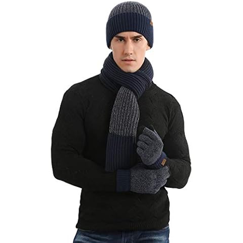 Alltops Men's Winter Beanie Sets Touch Screen Mittens Hat Gloves Scarf, Navy Blue, One Size Cover