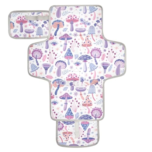 Portable Changing Pad for Baby - Purple Magic Mushrooms Waterproof Diaper Changing Mat Travel Changing Pad with Built-in Pillow - Shower Gift for Baby