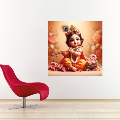 Image of Baby Krishna Flute And Drum Wall Poster for Pooja Room, Office, Kids Room (Size- 46CM X 46CM)