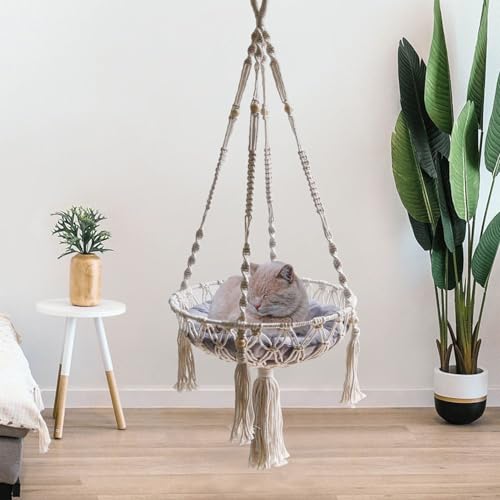 CGACCSD Macrame Hamaca para Gatos - Silla Colgante de en Estilo Boho - Cesta Decorativa para alféizar de Ventana, Escritorio, Almacenamiento, Escalada, Lugar de Descanso para Gatitos - imagen 7