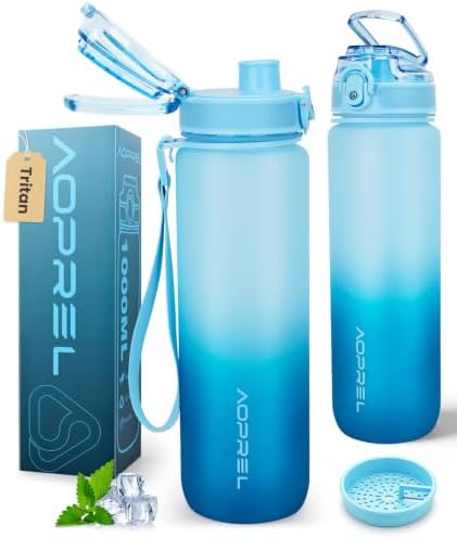 AOPREL Trinkflasche 1L Mit Filter & Zeitmarkierung, BPA-frei Tritan | Upgrade-Dichtung Auslaufsicher Wasserflasche, mit Bürste, Abnehmbares Band, Sportflasche für Fitness, Schule,