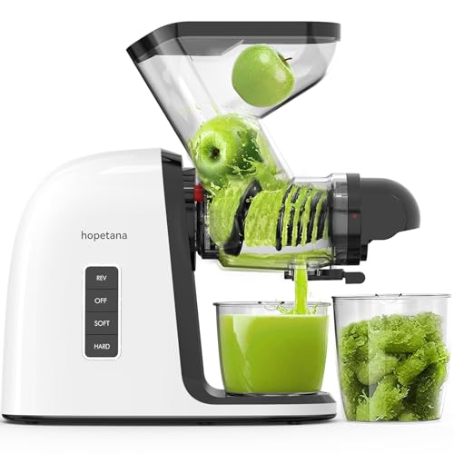 HOPETANA Cold Press Juicer, Slow Masticating, High-Yield Juice Extractor Maker, Wide Dual-Feed, Anti-Clog Reverse Function, Easy Clean for Fruits, Veggies, Wheatgrass & Celery, White