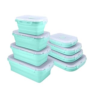 Collapsible Food Storage Containers with Lids, Set of 4 Rectangle Bowls for Camper Storage and Organization, RV Camping Accessories Decor for Inside Must Haves, Flat Box Stacks, Microwavable, Blue