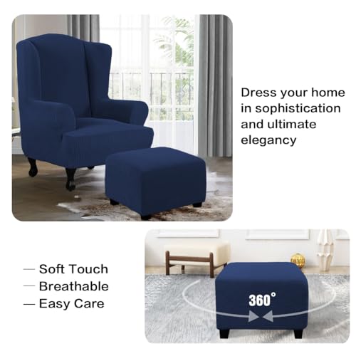 Image of H.VERSAILTEX Ottoman Cover Slipcover Rectangle Fit Length 35 inch-45 inch Footrest Sofa Slipcovers Stool Cover Footstool Protector Covers Feature Stretch Thick Soft Jacquard Fabric Removable Washable - Navy