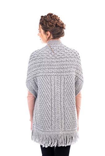 Image of SAOL 100% Merino Wool Shawl /Poncho Sweater /Open Cardigan /Wool Cape with Pockets with Fringe Trim and Trinity Knot Button