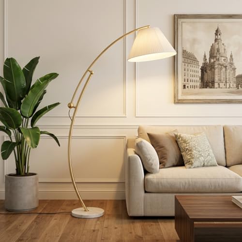 Image of Arc Floor Lamp 3-Color CCT (Warm + Natural + Cold White) | Gold Metal Body | Marble Base | Fabric Shade | Living Room Bedroom Standing Lamp