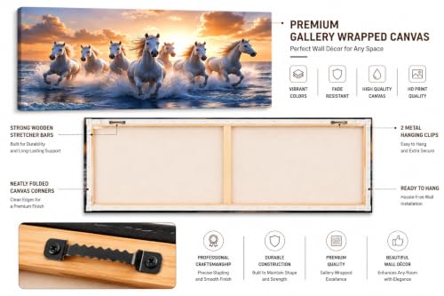 Image of 7 Horse Vastu Sunrise Canvas Painting | Positive Energy Wall Decor | Big Size Premium Running Horses Artwork for Home, Office & Hall Decoration (Modern, Water Pink Horse, 44x20 Inch)
