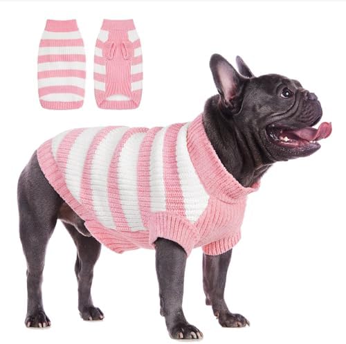 ALAGIRLS Striped Knitted Dog Sweater Cat Clothes, Turtleneck Pullover Chenille Knit Winter Chenille Clothes for Small Dogs Cats, Ugly Christmas Holiday Pet Apparel, Green XS