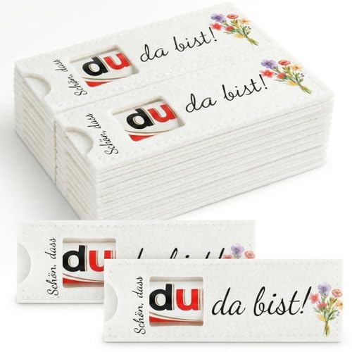 24 Stück Filz Hülle für Schokolade Schön Dass Du Da Bist Gastgeschenke Hochzeit Tischdeko Geburtstag & Taufe Filztaschen 14x5cm Weiß Mit Blumen Platzkarten Alternative Für Gäste Ohne Schokolade
