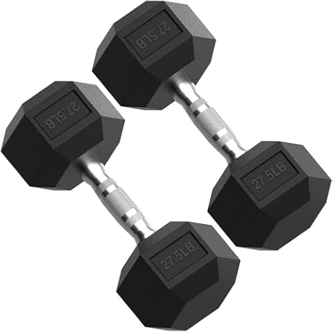 PAPABABE 27.5LB Pair Rubber Encased Exercise & Fitness Hex Dumbbell, Hand Weight For Strength Training Cover